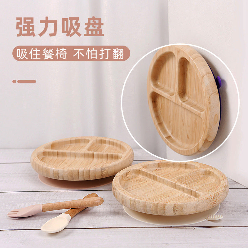 Customized logo wooden bamboo children's plate, non-slip silicone plate, round square bamboo fiber children's plate