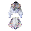 Export palace style printingfashionsuit women's lantern sleeve stand collar tops high waistshortstwo-piece setwork clothing outfit