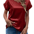 Women's short-sleeve satin blouse - relaxed fit, versatile crew neck, satin shirt - cross-border   new arrival