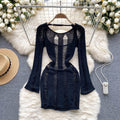 Summersexycut out thin long sleevesknittingshort skirtelegantsilmslimming lookpure desire hot girl backlessdress