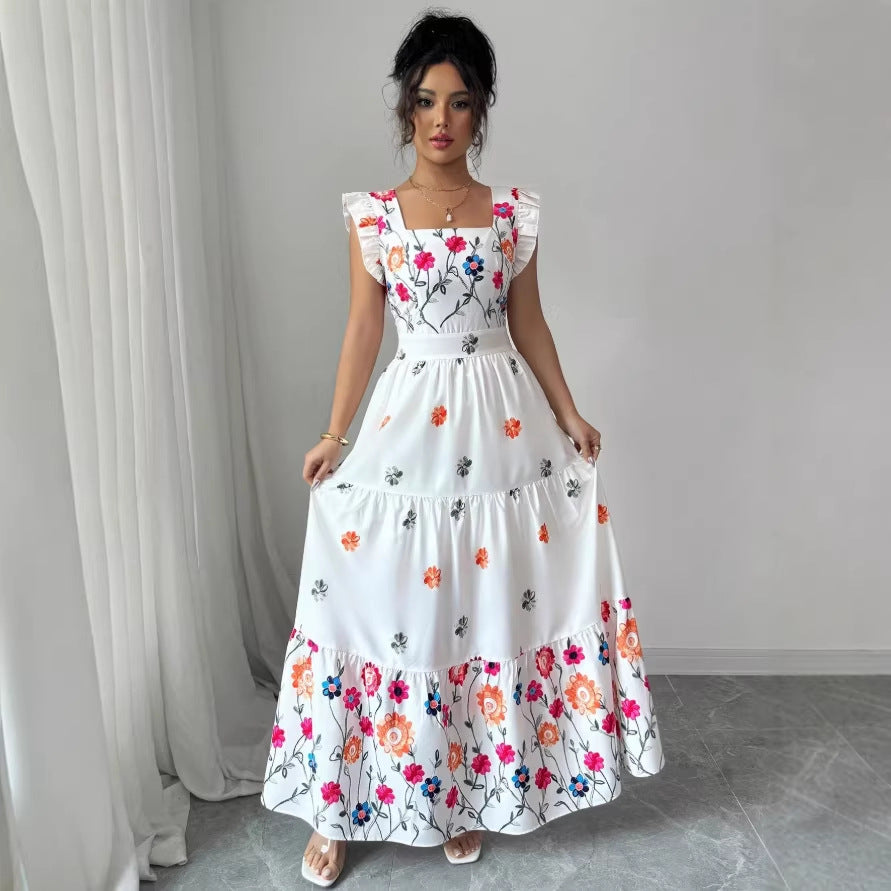 cross-border european and american elegant square neck printed bubble sleeve dress