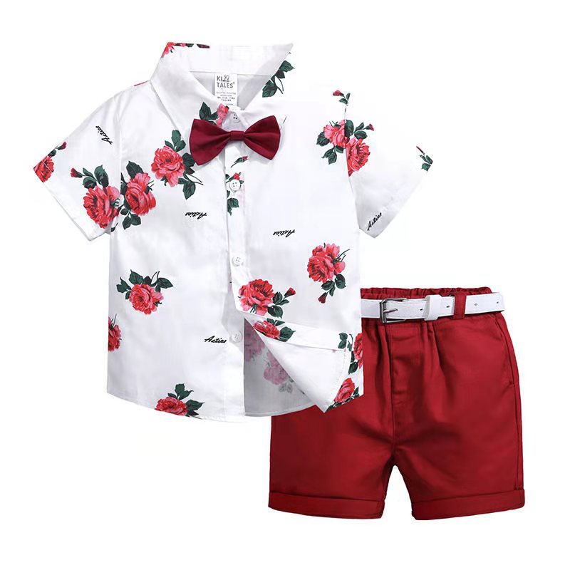 Amazon new spring/summer boys' leaf print short sleeve and shorts set - beach vacation style two-piece outfit