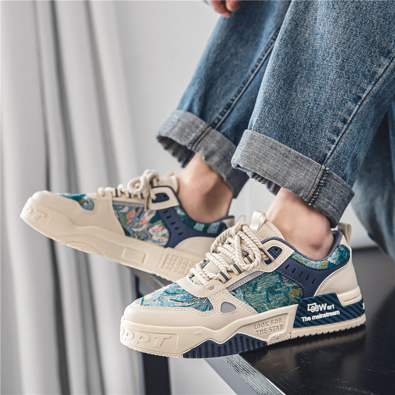 Trendy chinese style men's shoes 2025 new spring breathable versatile niche original casual skate shoes chunky sole non-slip athletic trendy shoes