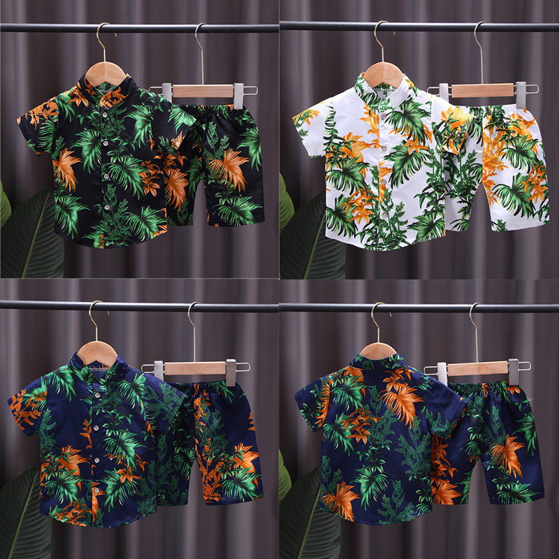 Summer kids' short-sleeve set: boys' printed shirt + shorts two-piece outfit, 0-4 years old, lightweight boys' shirt wholesale