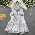 Frenchromantic style lantern sleeve printingdress female k-style waist slimming look a-line long skirt work clothingelegantelegance