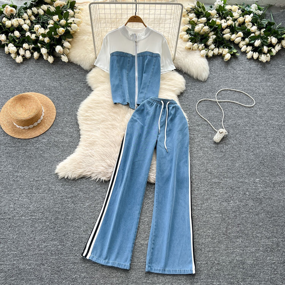 Women's two-piece tracksuit set: hong kong style retro casual faux two-piece short sleeve top with high-waisted patchwork denim wide-leg pants