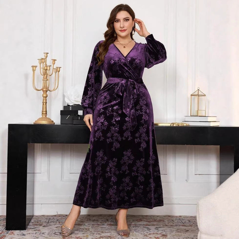 fashioncross-borderplus size women's silm long skirt gold velvet slimming look embossed long sleevesdress