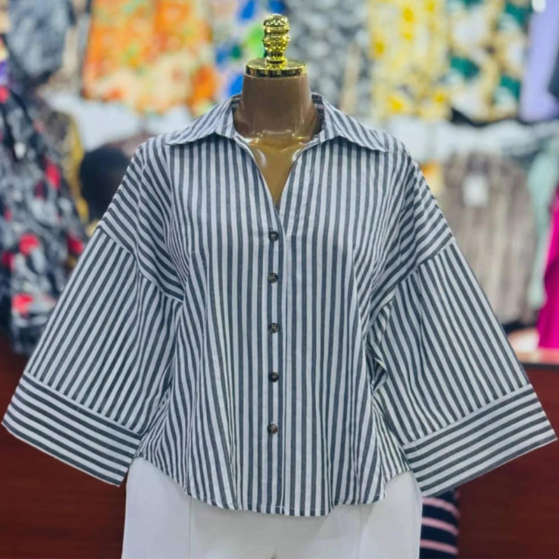 European and american cross-border women's fashion:  spring new arrivals - stylish, designer-inspired, unique turn-down collar, loose-fit striped blouse