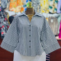 European and american cross-border women's fashion:  spring new arrivals - stylish, designer-inspired, unique turn-down collar, loose-fit striped blouse