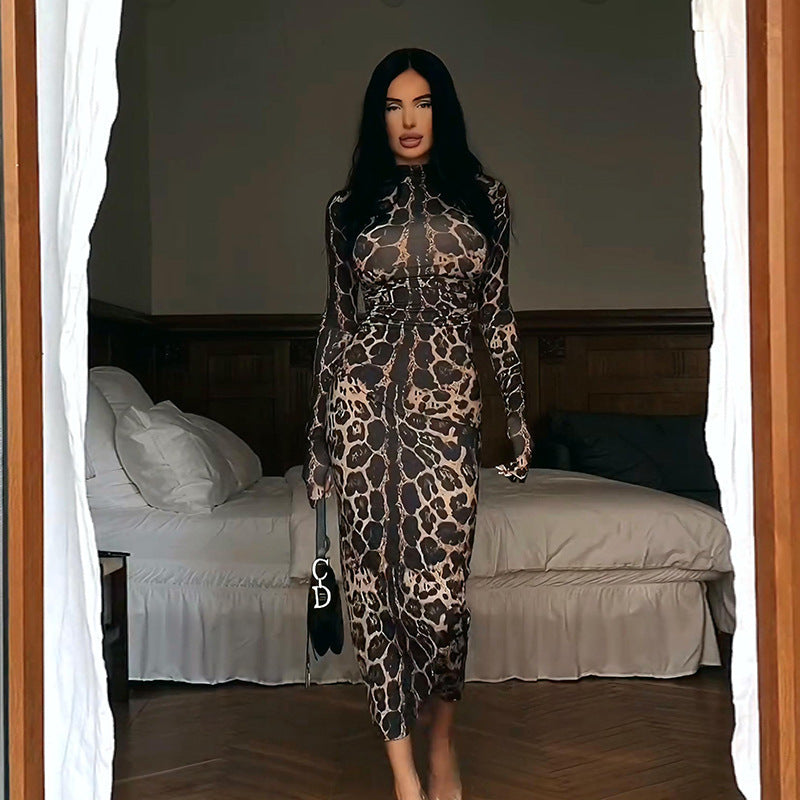fall/winter european and american style cross-border women's fashion new animal print mock neck long sleeve bodycon mini dress