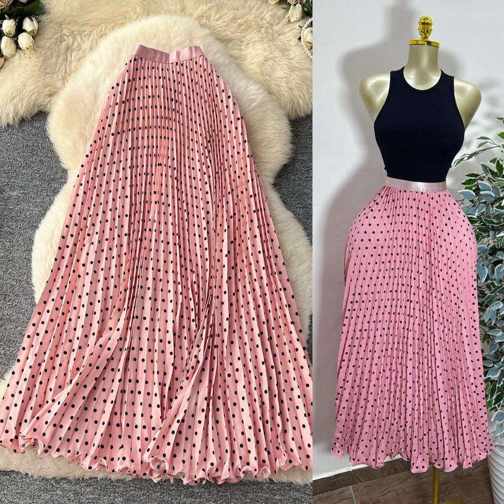 K-style polka dot pleated elegance skirt women's high waistslimming looka-line long skirtwork clothingeasiest for matchpatchworkelegant skirt