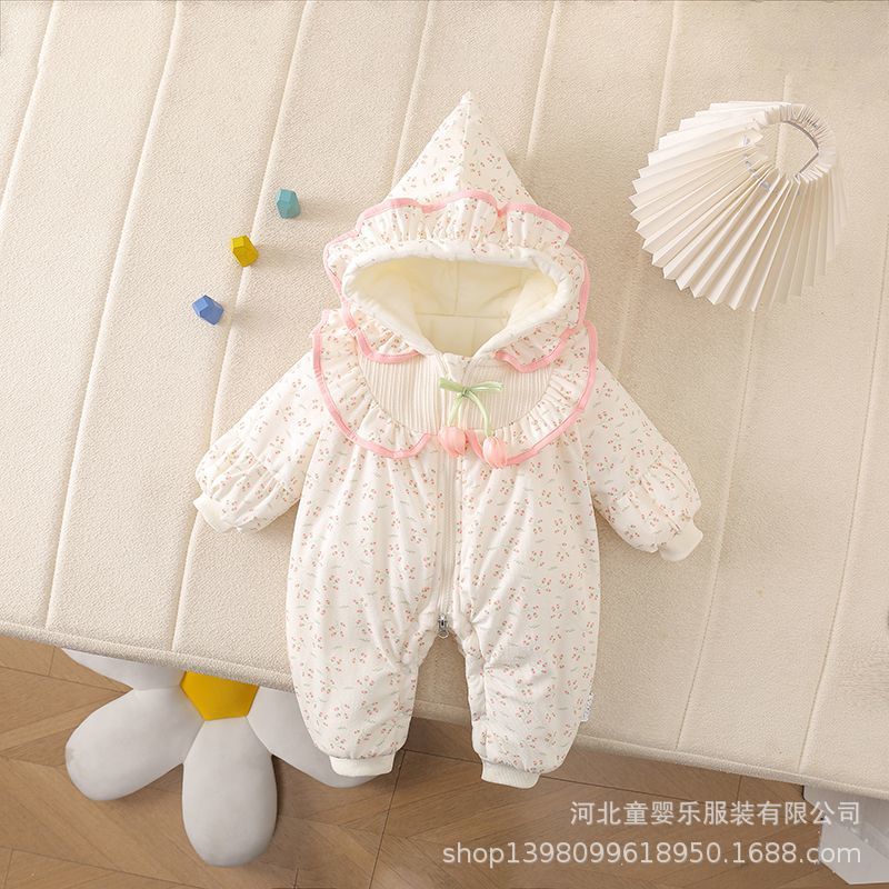 Baby super cute cotton clothes princess khaki outing clothes thickened romper winter one-piece romper