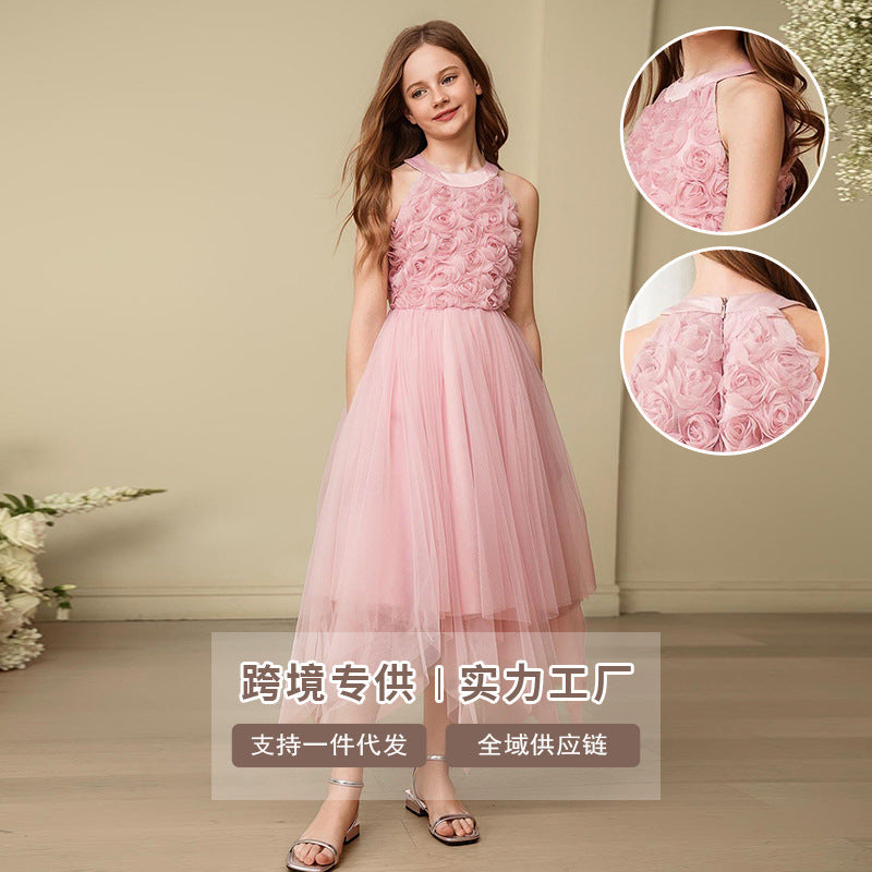 European and american style girls' formal dress - asymmetrical hem, spaghetti strap, openwork design - host/performance costume, children's princess dress