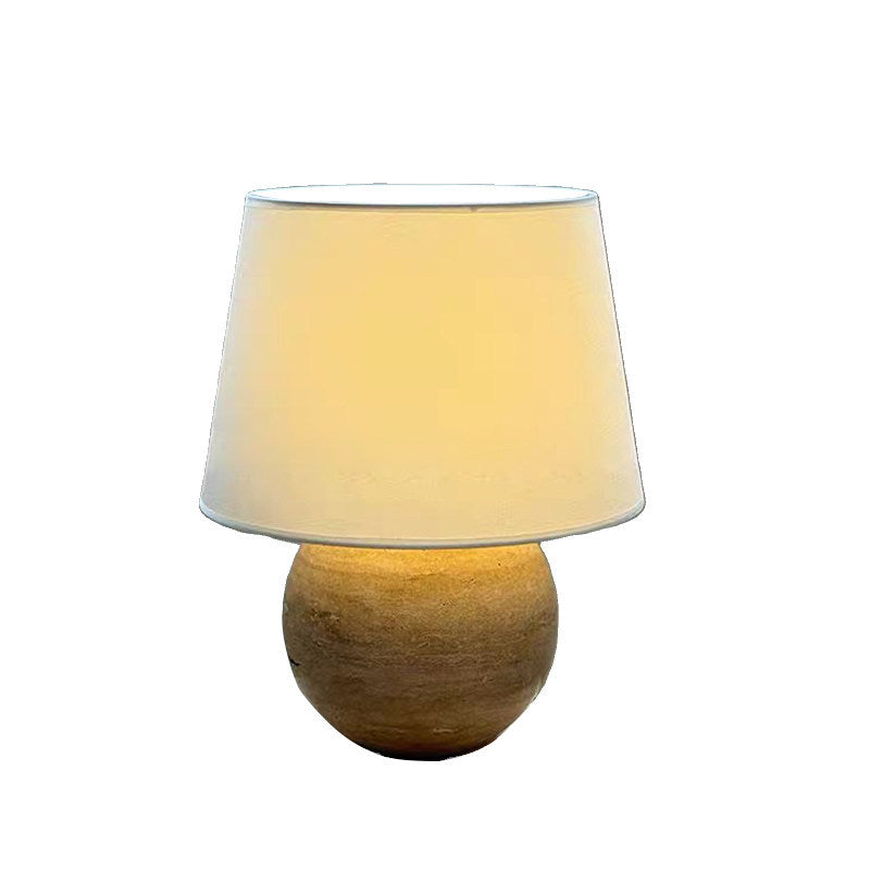 Wabi-sabi style natural travertine table lamp, vintage and mid-century modern bedroom and living room ambient lighting, japanese and korean ins-style bedside lamp