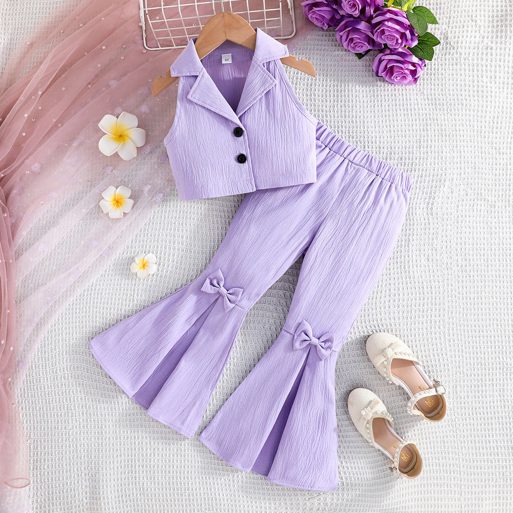 summer new sleeveless cropped top + solid color bowknot flare pants two-piece set - ready stock wholesale