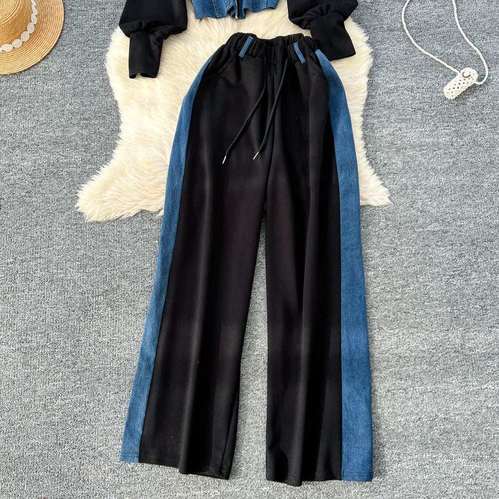 Spring hong kong style casual tracksuit set for women - pullover hoodie sweatshirt + high-waisted denim patchwork wide-leg pants