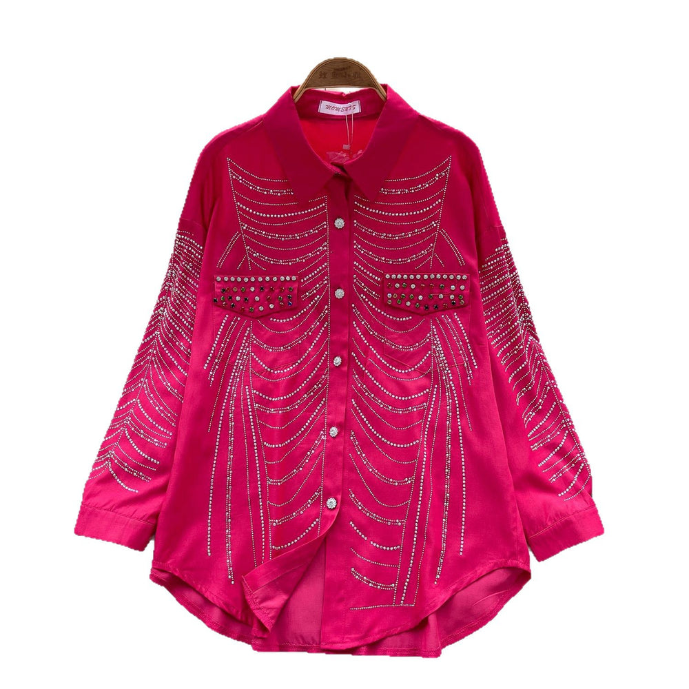 European fashion diamond-embellished long-sleeve shirt for women,  new arrival, relaxed fit, casual loose single-breasted top