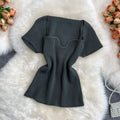 Summer hot girl style short t-shirt short sleeve sense of designniche style square neck heart exposed collarbone exposed navel knitting shirttops women