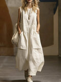 european and american cross-border  independent station spring and summer women's loose casual sleeveless pocket cotton and linen dress