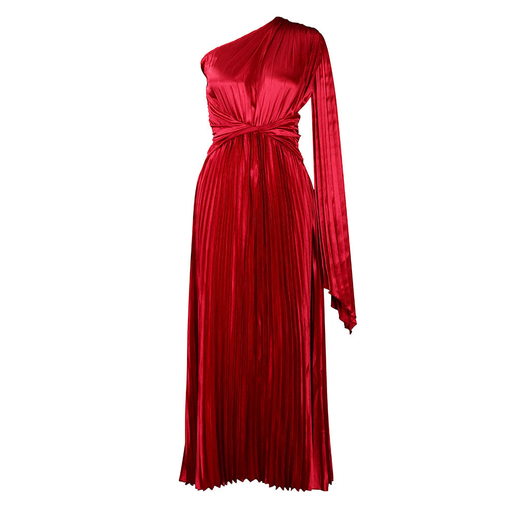 D407 independent station export women's clothing  new one-shoulder pleated long skirt oblique collar waist dress fashiondress