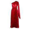 D407 independent station export women's clothing  new one-shoulder pleated long skirt oblique collar waist dress fashiondress