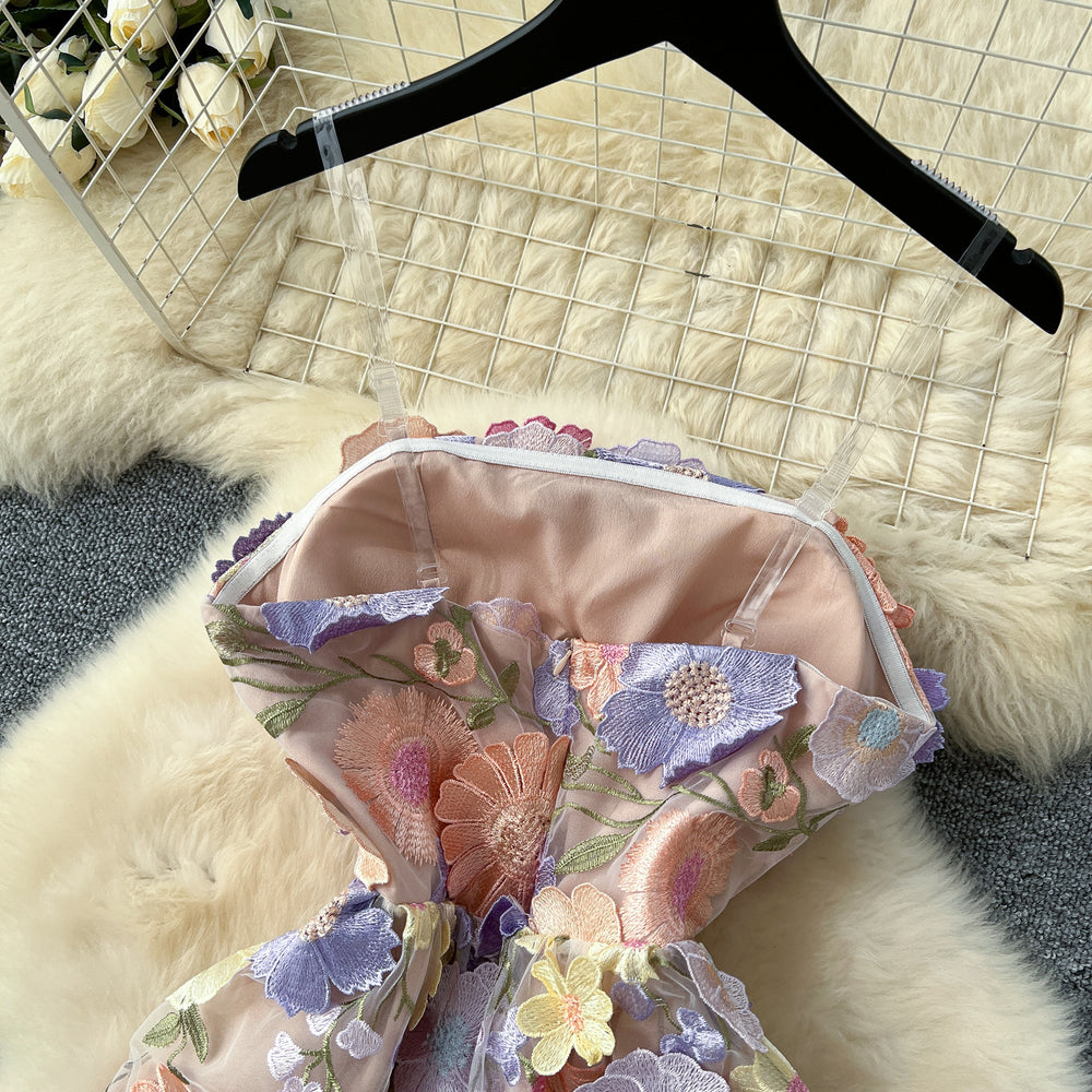 French high-end women's summer dress: exquisite 3d floral embroidery, cinched waist, slimming bandeau gown, long dress