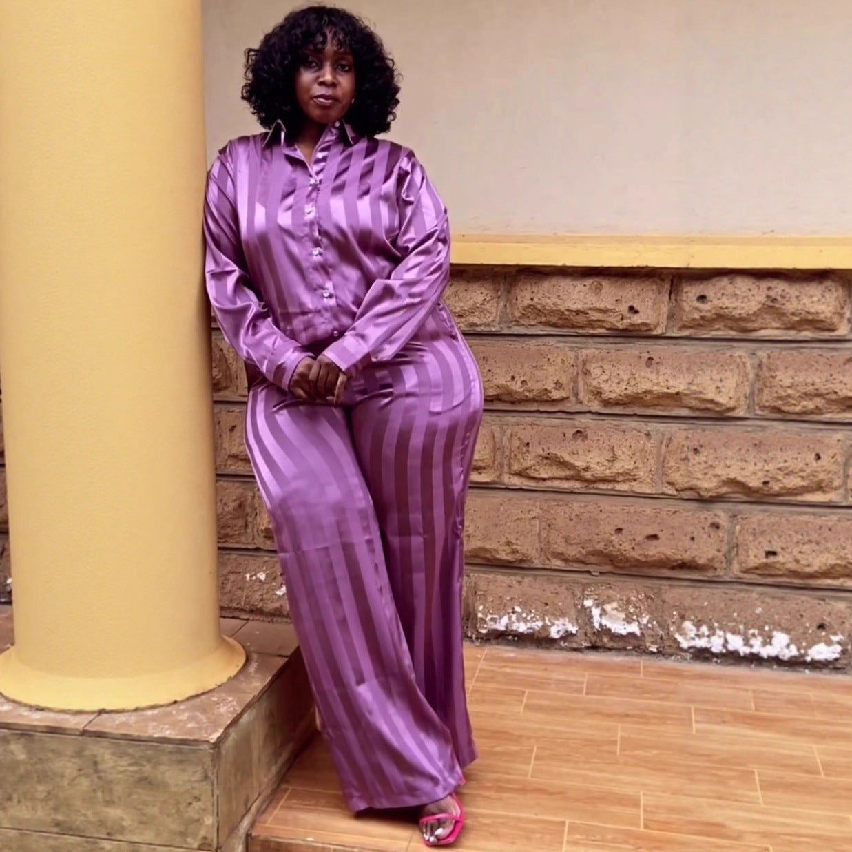European and American large size lapel striped cardigan shirt top trousers women's African loose foreign style fashion new two-piece set