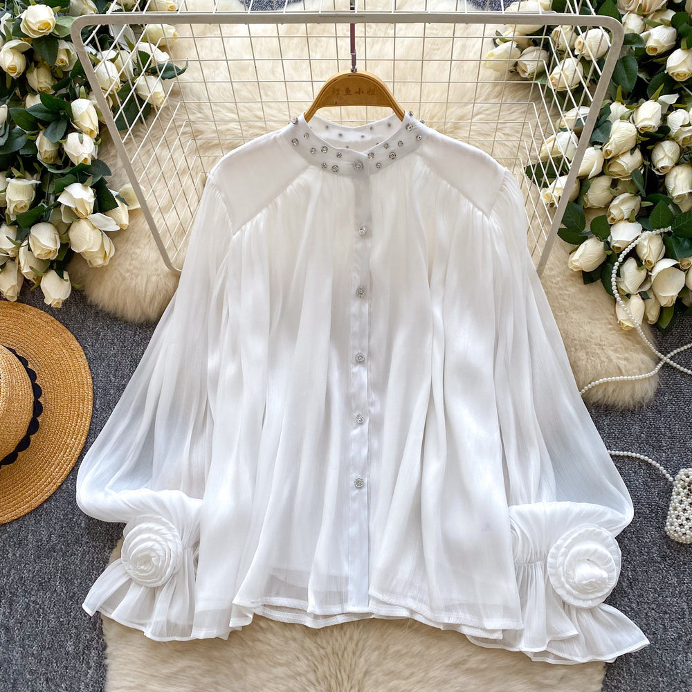 French style gentle flare sleeve diamond embellished pleated blouse - women's korean style breathable loose fit slimming elegant commute top