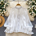 French style gentle flare sleeve diamond embellished pleated blouse - women's korean style breathable loose fit slimming elegant commute top