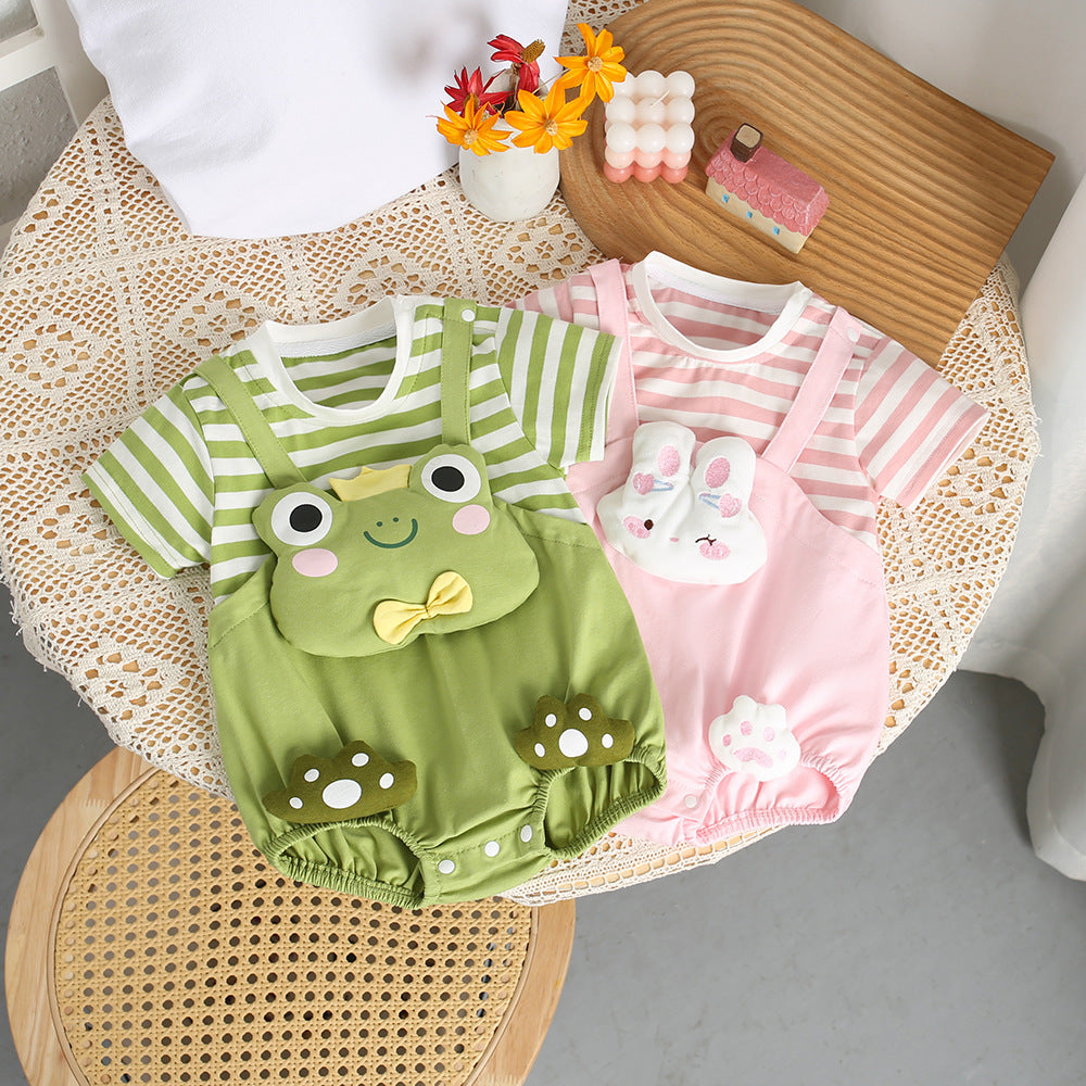 Baby thin clothes summer clothes cartoon super cute short-sleeved butt-covering clothes full moon khaki male and female baby 100-day one-piece