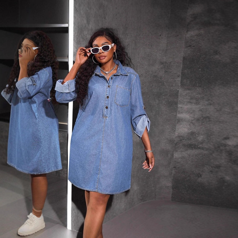 European and american cross-border  direct sales denim women's clothing loose fashion new denim long-sleeved casual retro dress