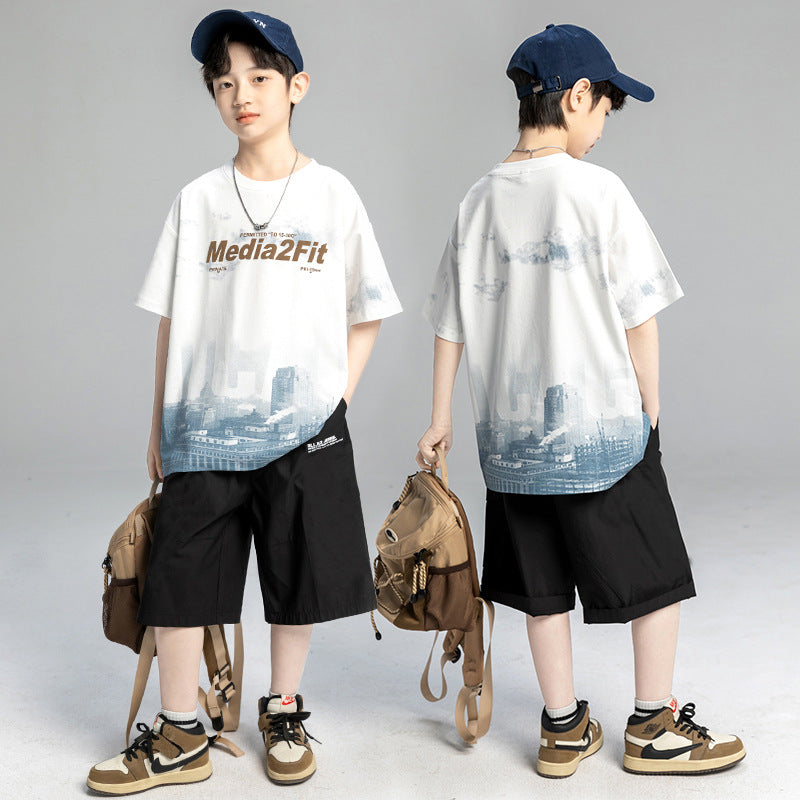 Boys' short-sleeve and shorts set: trendy crew neck t-shirt for boys, summer , versatile base layer, athletic top