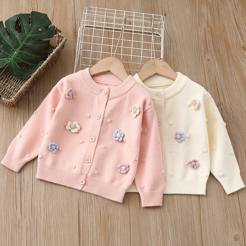 Girls' cardigan knit sweater kids' outerwear  autumn/winter new handmade floral baby girl top