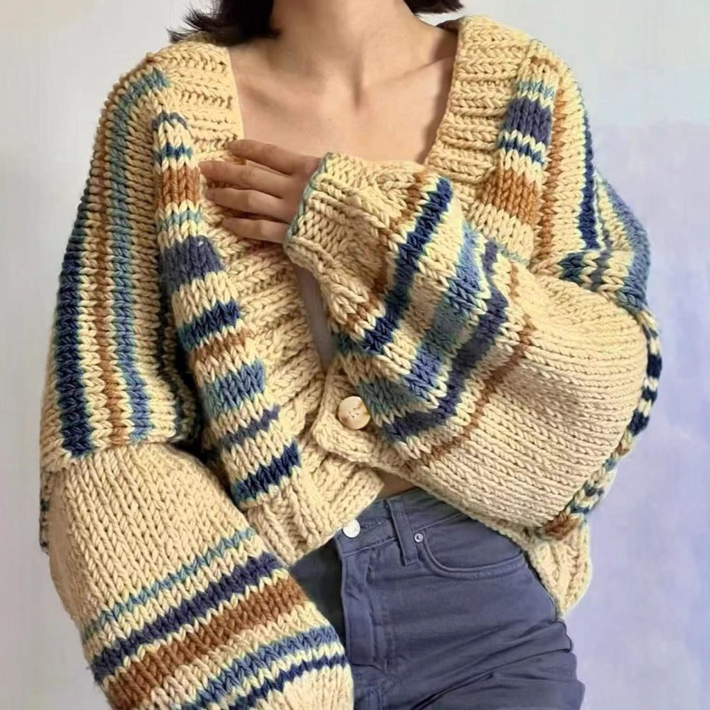 Cross-border Europe, America and early autumn 2025 new women's clothing lazy wind v-neck contrasting color loose knitted cardigan sweater jacket