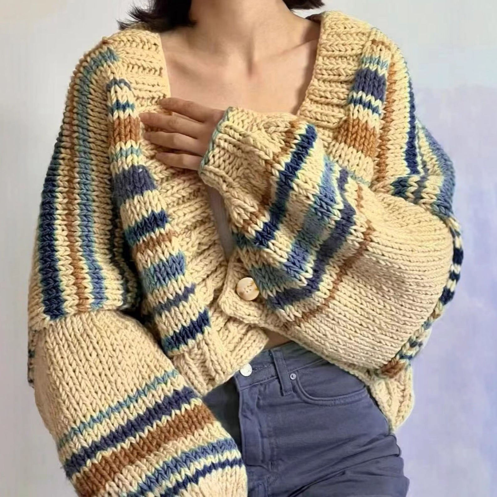 Cross-border Europe, America and early autumn 2025 new women's clothing lazy wind v-neck contrasting color loose knitted cardigan sweater jacket