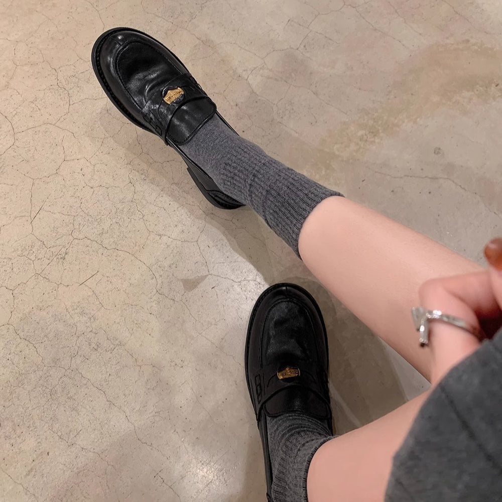 Genuine leather gold coin lazy loafers women's retroelegantwork clothingfall and winternew arrival british square heel small leather shoes thick heel