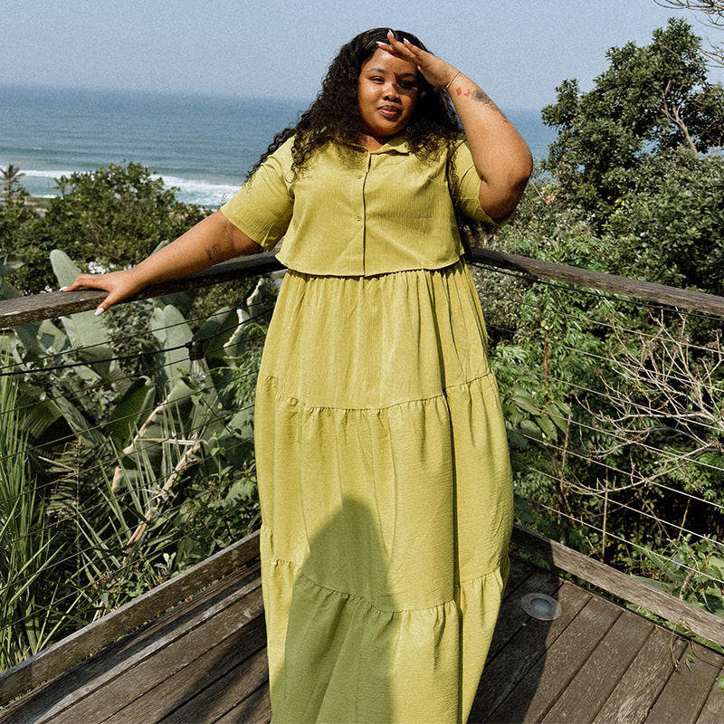 European and american style women's clothing  autumn new arrival: loose fit plus size turn-down collar short sleeve shirt and high waist a-line midi skirt two-piece set