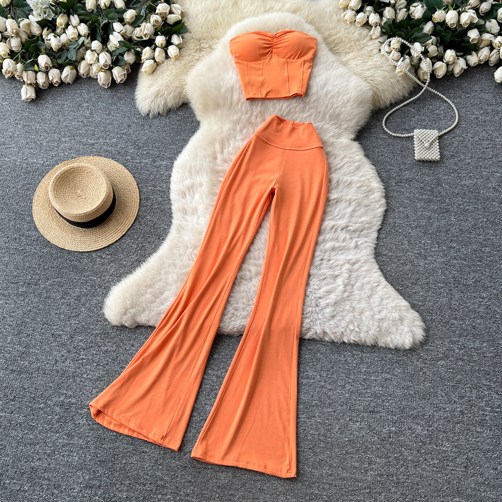 Sexy commuting style tube top tank top hot girl high waist flare pants women's summer casualtwo-piece setelegantsuit