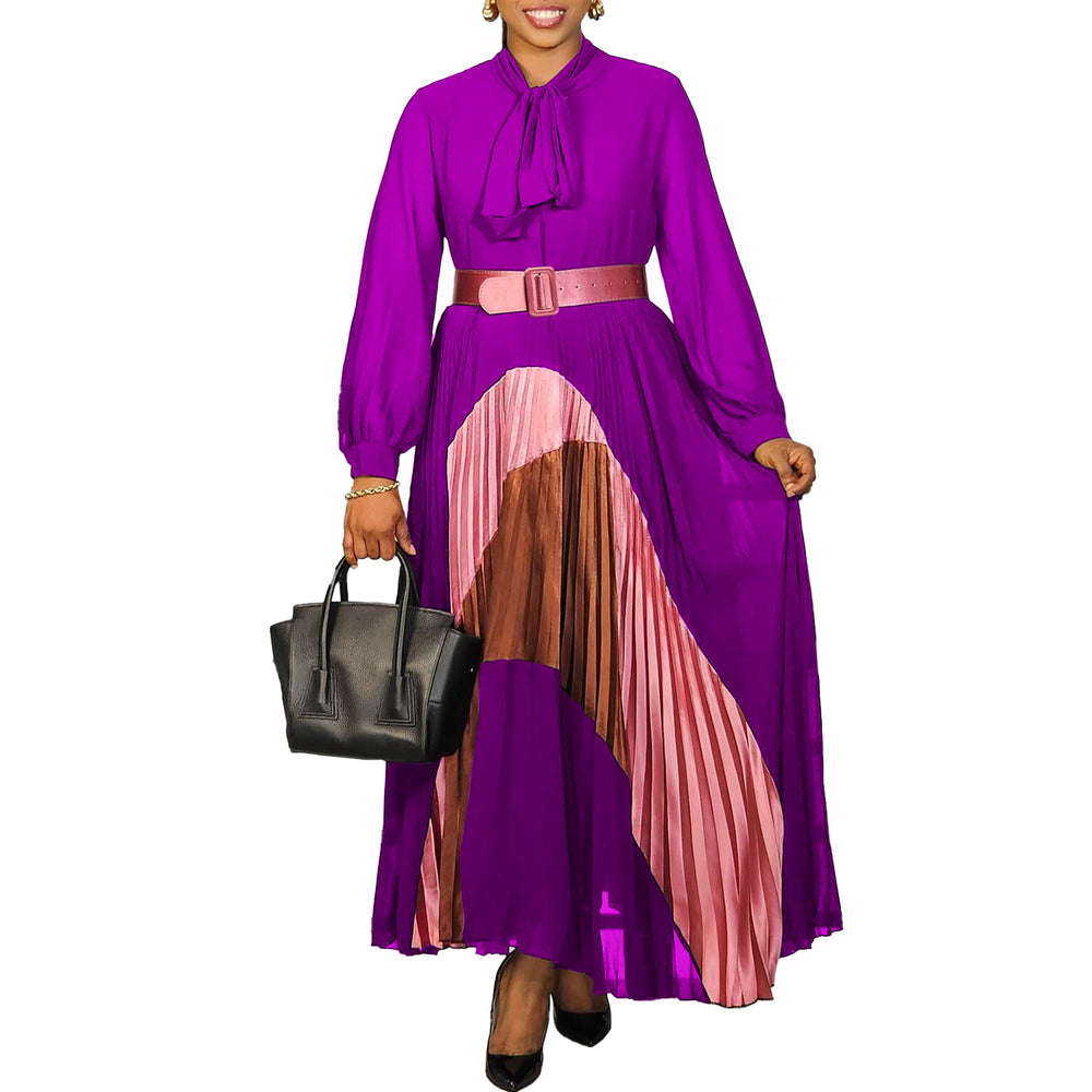 C8623 women's foreign trade new fashion tie-up color block pleated skirt elegant plus size european and american dress