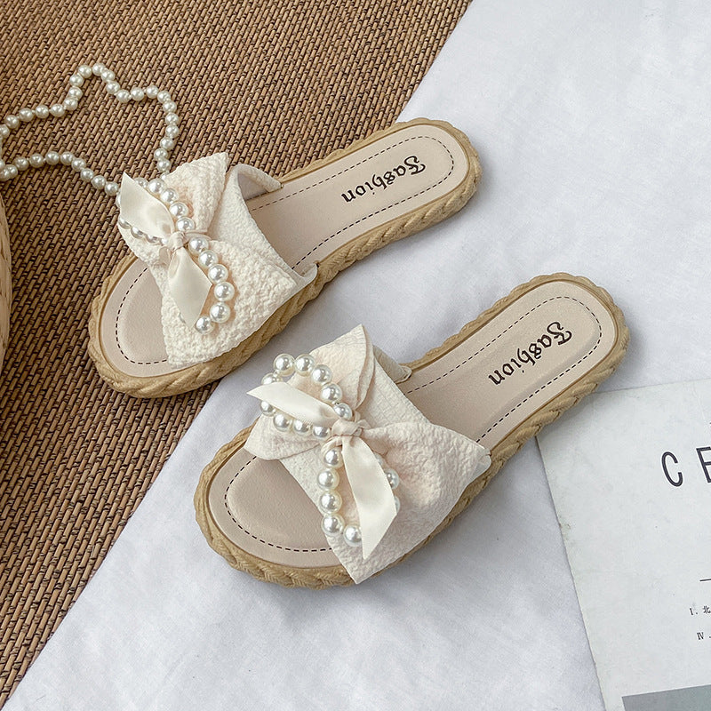 New women's summer slippers - korean style, wearable outdoors, pearl & bowknot flower beach sandals, women's ins flat slippers