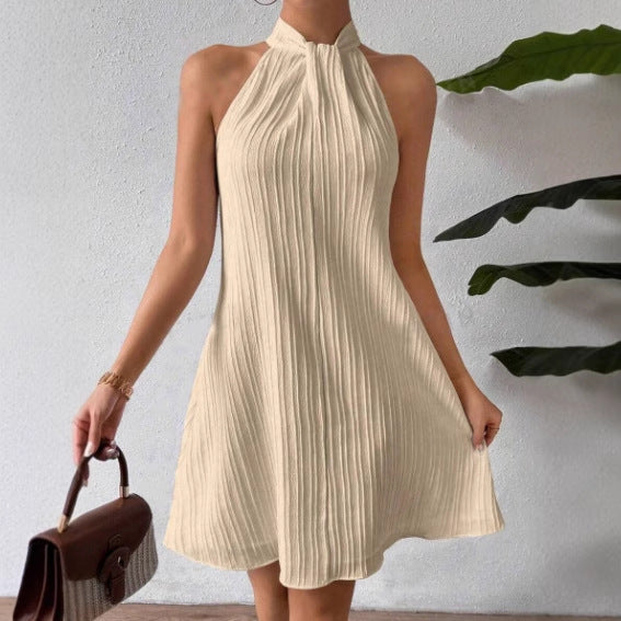 2025 spring and summer new European and American   women's neck dress pleated and drape cross skirt