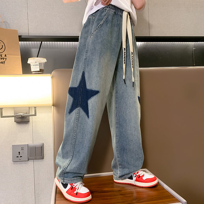 Girls' spring denim wide-leg pants, spring/autumn style, big girls' straight-leg trousers,  new collection, loose fit for mid-to-large children