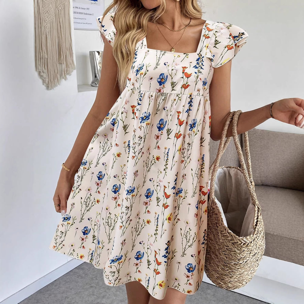 Amazon fashion cross-border bohemia style floral flying sleeve square neck dress vacation style a-line skirt