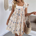 Amazon fashion cross-border bohemia style floral flying sleeve square neck dress vacation style a-line skirt