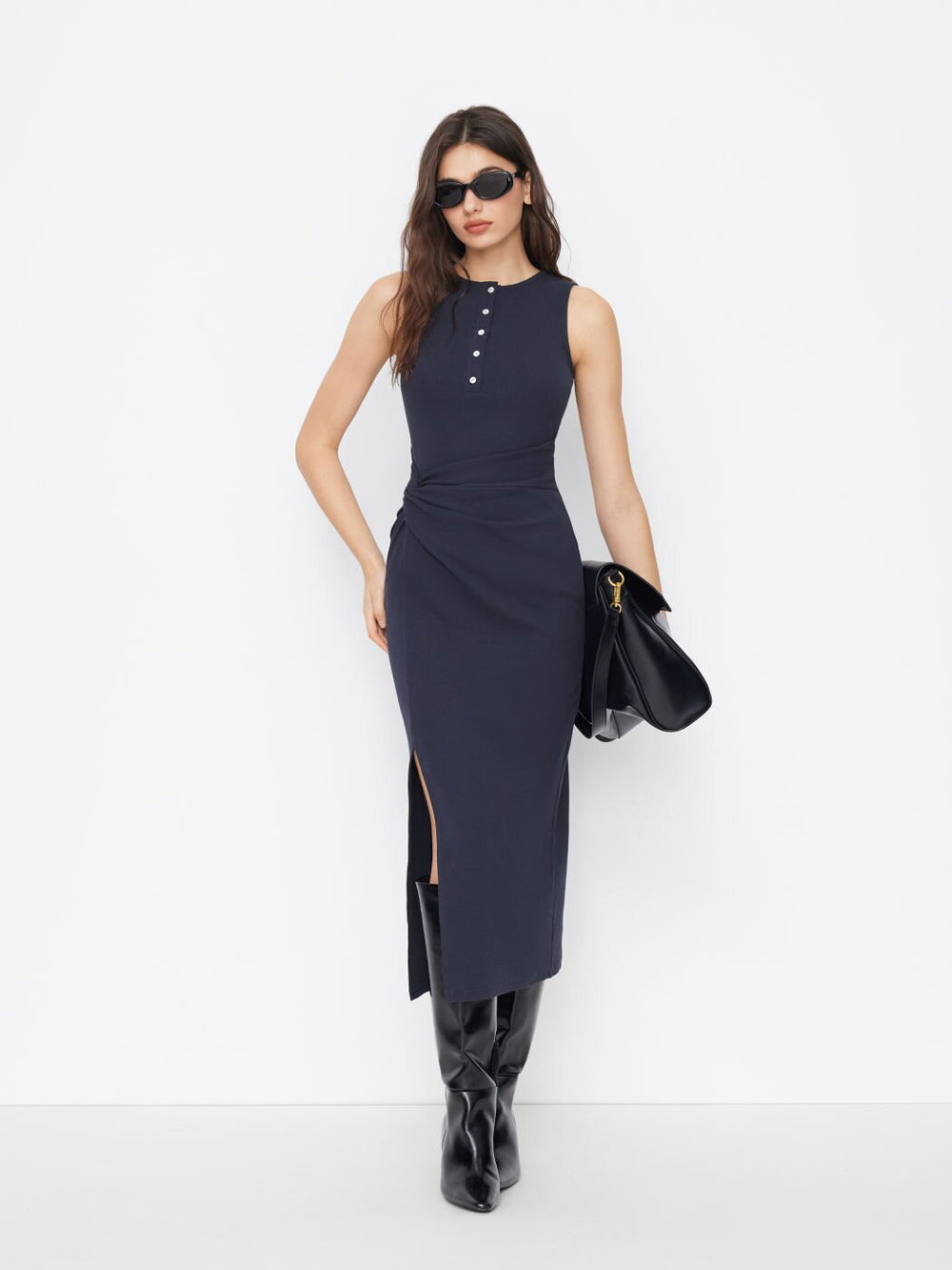 new arrivalsense of design side waist twist slit hip skirt round neck sleeveless button elegantknittingdress for women