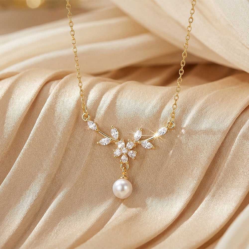 Popular popular elegant copper inlaid zirconium pearl necklace for women accessible luxuryniche stylesweetnew arrival non-fading clavicle chain jewelry