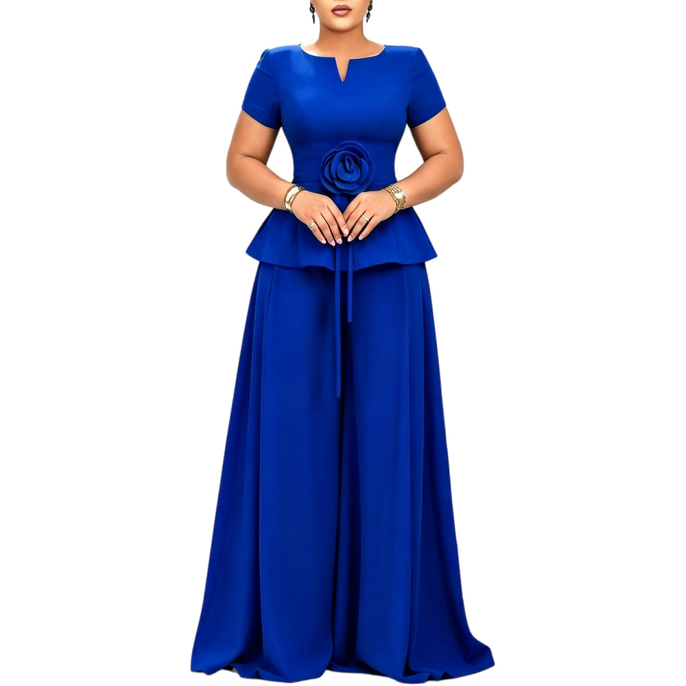 D3371 european and american cross-border summer elegant fashion plus size short sleeve ruffle top casual wide leg pants set