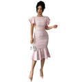 new arrival tweed style dark gray tweed short sleeve dress round neck contrast color button fishtail skirt short skirt