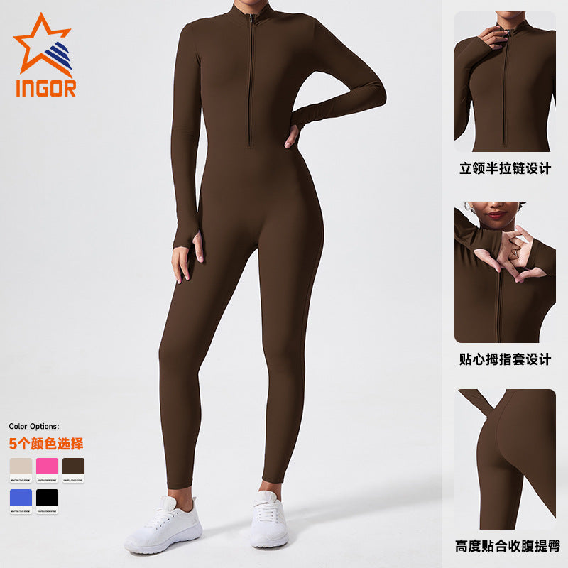 long-sleeve outdoor sports bodysuit gym outfit zipper training tight butt-lifting sports jumpsuit yoga suit