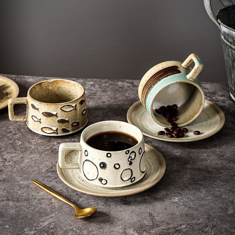 Vintage stoneware underglaze coffee cup and saucer set - ceramic drinking cup - office milk tea cup - high-style terracotta tea cup